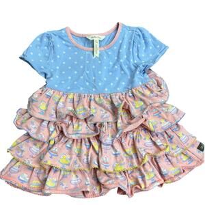Matilda Jane Girls Size 4 Dress Tunic – Blue Polka Dot Pink Ruffle Birthday